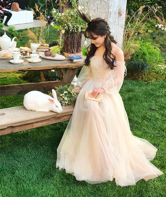 Champagne tulle long prom dress, champagne tulle evening dress  C1608
