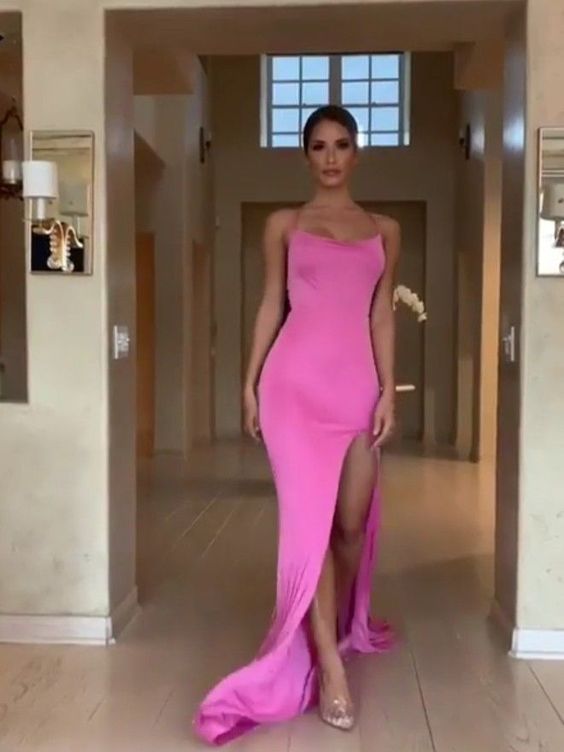 Sexy Mermaid Cowl Neck Fuchsia Evening Party Dresses, Slit Prom Dresses  C1013
