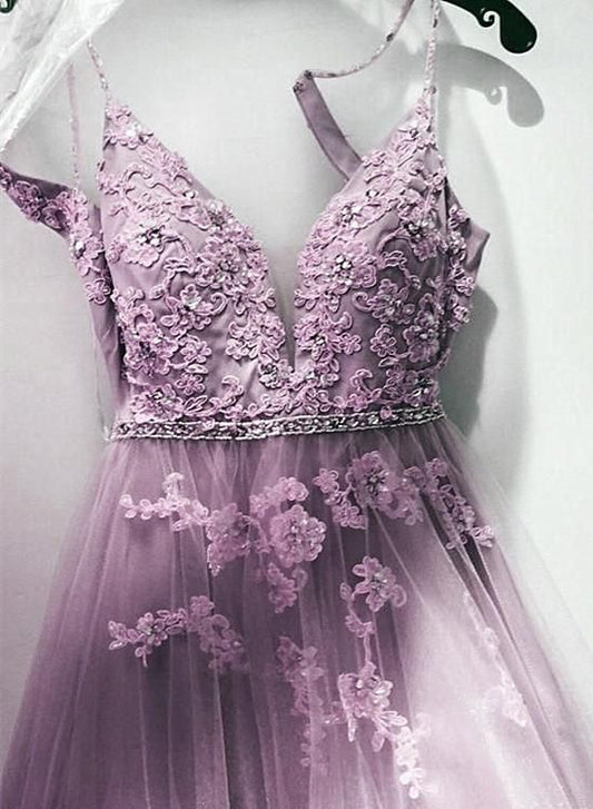 Light Purple Lace Applique Beaded Wasit Long Prom Dress, Tulle A-line Straps Party Dress C977