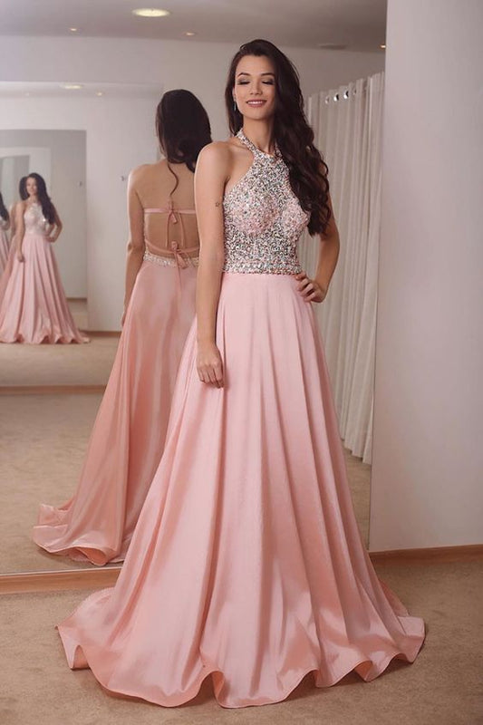 pink long prom dress with halter neckline and open back  C1006