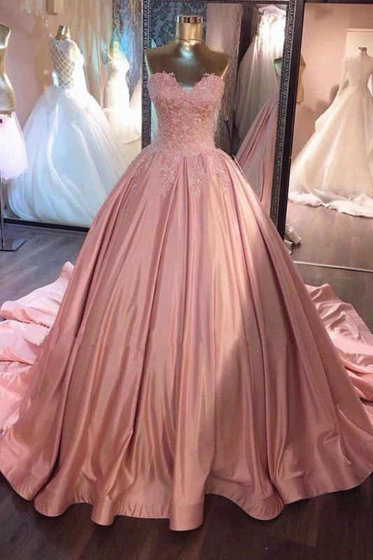 Sweetheart Neck Pink Lace Prom Dresses, Pink Lace Long Formal Evening Dresses C1421