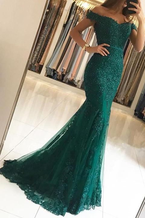 Off The Shoulder Green Long Mermaid Lace Prom Dresses Evening Dresses C173
