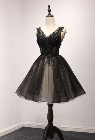 Black v neck tulle lace short party dress, homecoming dress C1124