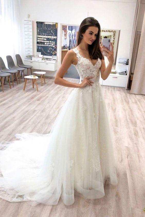 White v neck tulle lace long prom dress lace formal dress  C113
