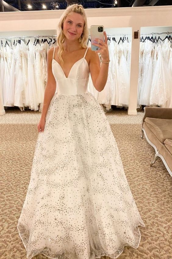 Spaghetti Straps Glitter White Long Prom Dress C900