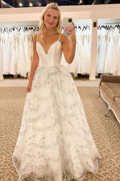 Spaghetti Straps Glitter White Long Prom Dress C900