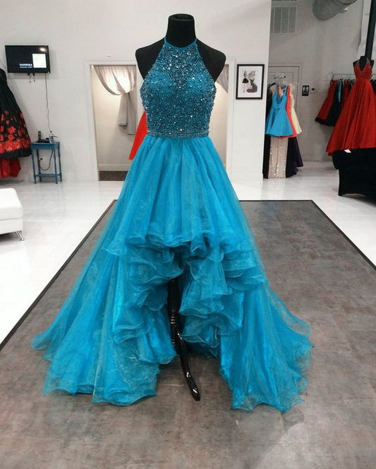 Beaded Halter Organza Ruffles High Low Prom Dresses,High Low Long Organza Crystal Evening Gonw C397