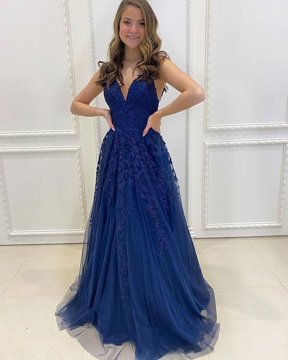 Navy Blue Applique V-neck A-line Prom Dress C445