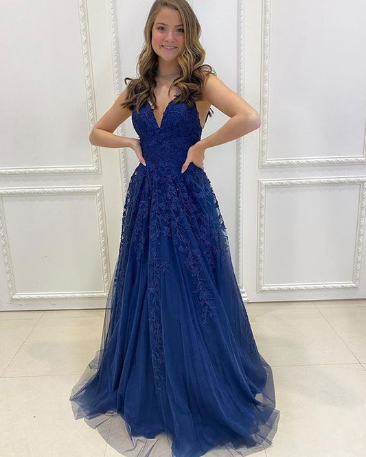 Navy Blue Applique V-neck A-line Prom Dress C445