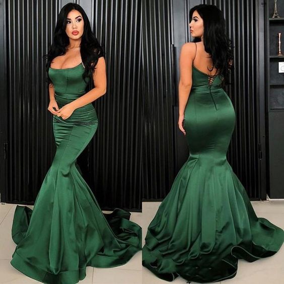 Sexy Mermaid Emerald Satin Lace Up Back Spaghetti Straps Long Prom Dresses C277