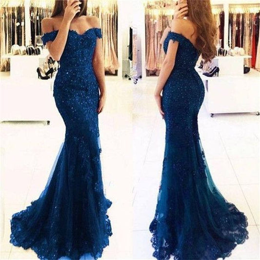 Navy Blue Off Shoulder Sweetheart Tulle With Appliques Long Prom Dress C181
