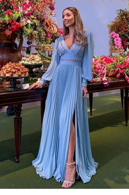 Elegant Chic long sky blue prom dress C356