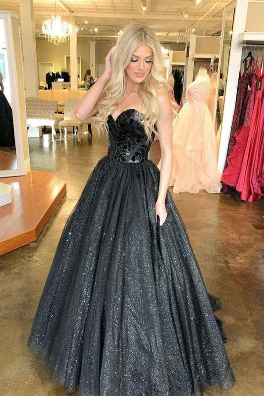 Black sweetheart tulle long prom dress black tulle formal dress C221