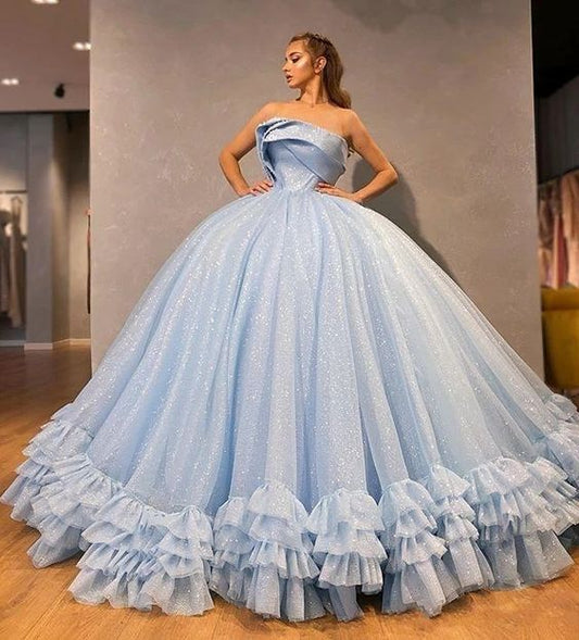 Sparkly Ball Gown Prom Dresses Strapless Puffy Evening Gowns Ruffles Formal Party Dress C1241