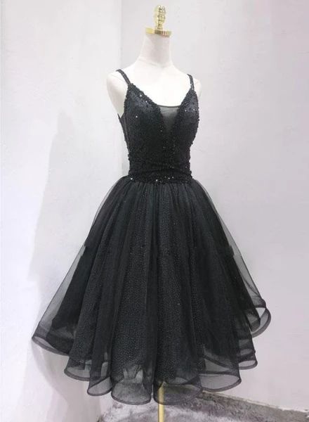 Black Tulle and Beaded Knee Length Straps Homecoming Dress, Black Short Prom Dresses C871