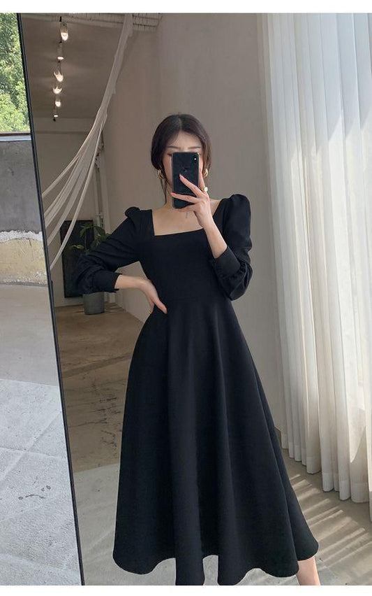 Gentle style Hepburn square neck little black dress Simple Prom Dress Party Dress With Long Sleeves C1557