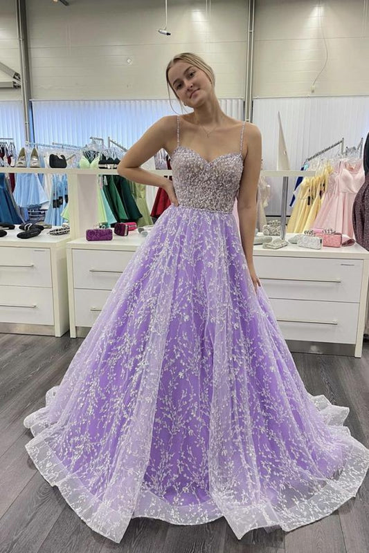 Purple tulle lace long prom dress evening dress C1278