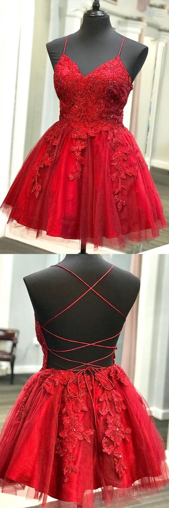 A Line V Neck Backless Lace Red Short Prom Dress Homecoming Dress, Backless Red Lace Formal Graduation Evening Dress C880