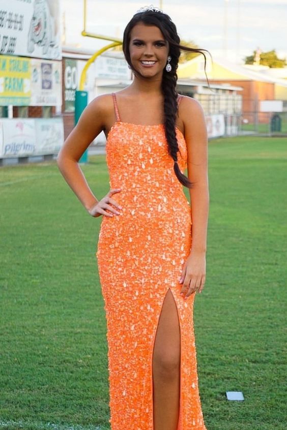 mermaid sequined orange prom dress with side slit long prom gown C979