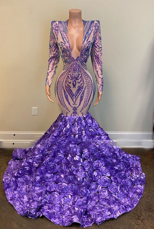 Sparkly purple evening dresses long sleeve v neck elegant mermaid modest sequin applique formal evening gown C1066