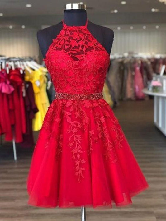 Halter Neck Short Red Lace, Short Red Lace Formal Homecoming Dresses C879