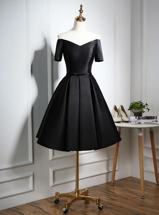 Lovely Black Satin Homecoming Dress, Black Party Dress C666