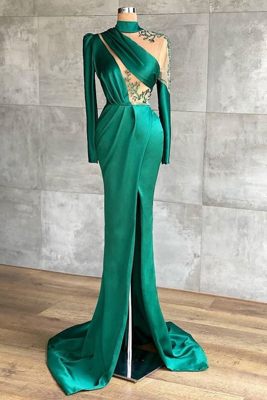 Vintage Long Sleeves Jade Appliques Ruffles Mermaid Evening Dresses C1369