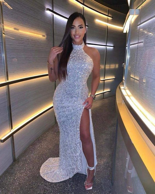 Charming Sexy Mermaid Halter White Sequins Long Evening Dresses with Split C239