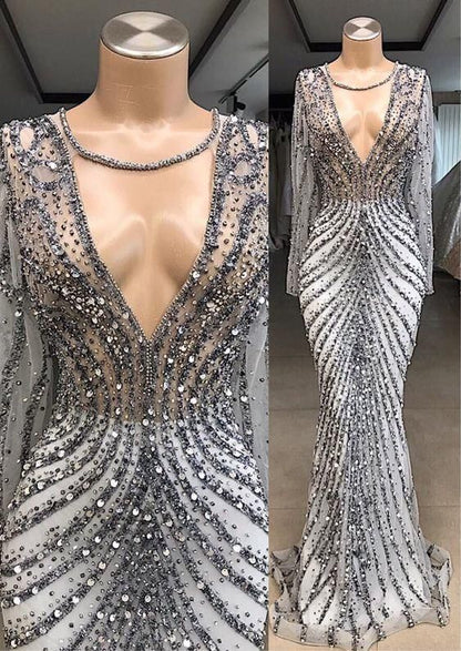 Mermaid beading tulle prom dress  C1256