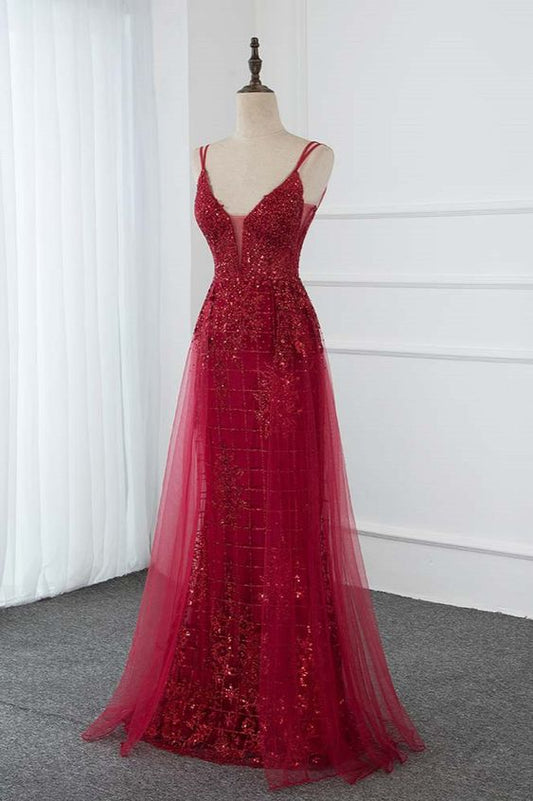 Gorgeous Spaghetti Straps Burgundy Prom Dresses with Beading Appliques C1567