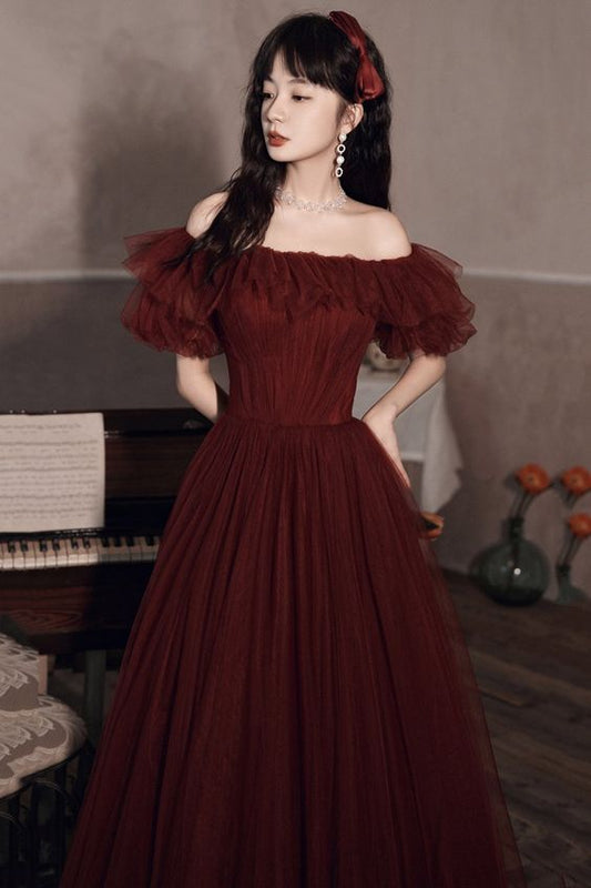 Burgundy tulle long A line prom dress evening dress C1561