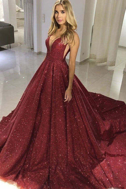 Charming Prom Dresses A Line V Neck Burgundy Bling Bling Long  C1446