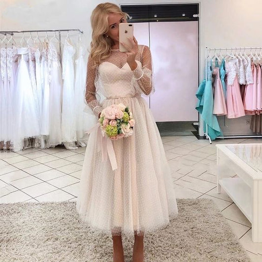 Short Tea Length Wedding Dress Dot Tulle Puffy Sleeves A-Line Simple Party Dress C866