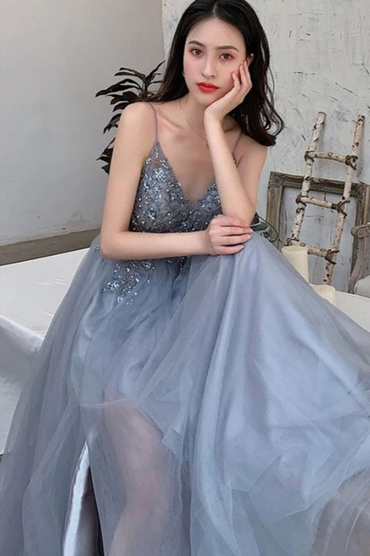 V Neck Gray Beaded Long Prom Dresses, V Neck Beaded Gray Formal Evening Graduation Dresses C285