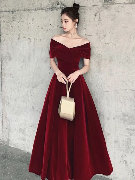 Elegant Velvet Burgundy Long Party Dress, A-line Evening Gown C1196
