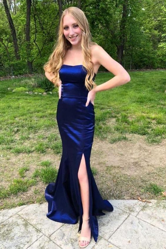 mermaid navy blue long formal prom dress with side slit C933