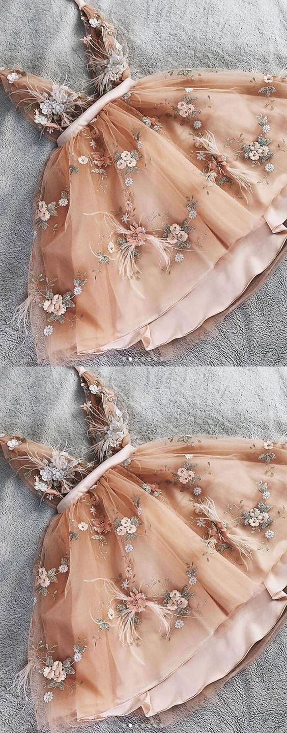 Champagne v neck tulle lace short prom dress, homecoming dress C892