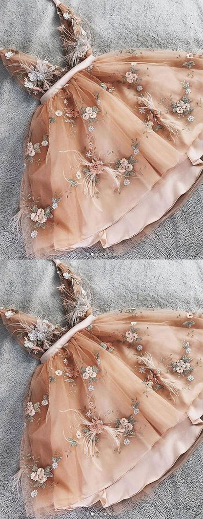 Champagne v neck tulle lace short prom dress, homecoming dress C892