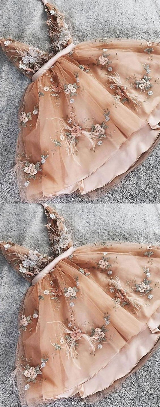 Champagne v neck tulle lace short prom dress, homecoming dress C892