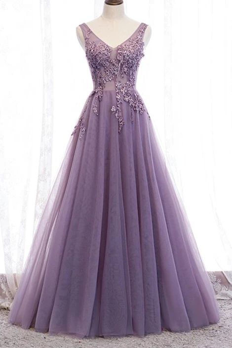 classic A-line purple long prom dress features with v neckline and lace appliques C385