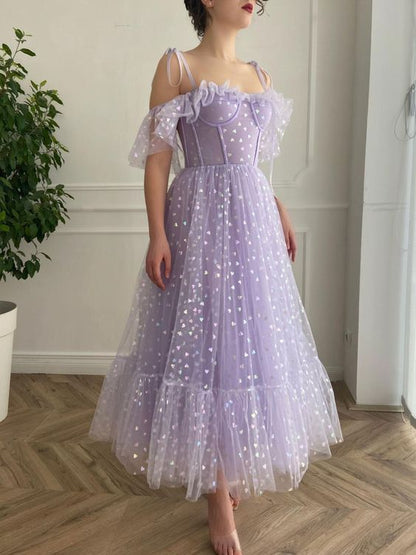 Purple tulle tea length prom dress, purple evening dress C269
