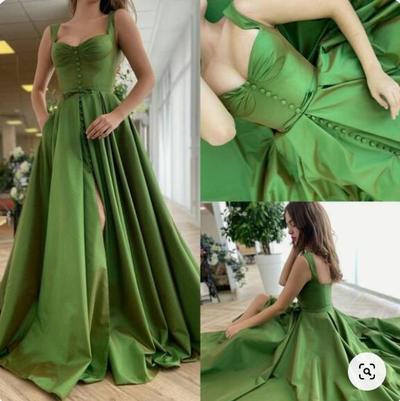 Green Prom Dresses Slit ， Straps Prom Dress C1051