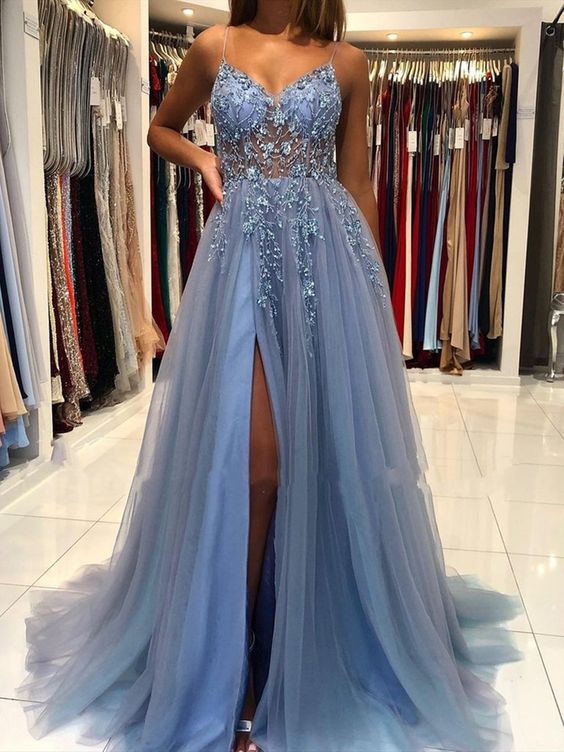 Gorgeous V Neck Open Back Smoky Gray Beaded Long Prom Dresses, High Slit Smoky Grey Long Formal Evening Dresses C190