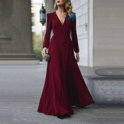 Black/ Burgundy/Green Vintage Formal Dress Women Lady V Neck Long Sleeve Prom Dress  C752
