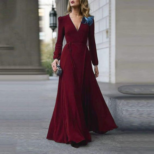 Black/ Burgundy/Green Vintage Formal Dress Women Lady V Neck Long Sleeve Prom Dress  C752