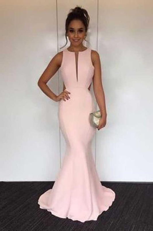 Pearl Pink Round Neck Open Back Mermaid Prom Dresses with Sweep Train C419