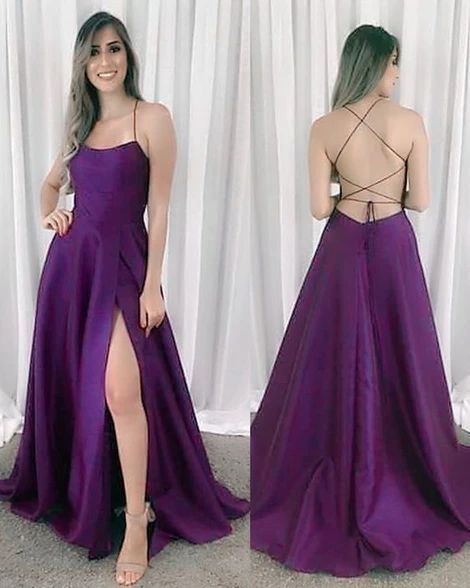 Grape Prom Dresses Satin Split Evening Gown Lace Up Back C1217
