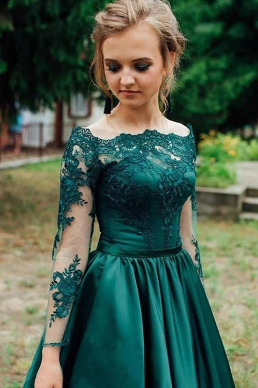 Off-shoulder Lace Long Sleeves Satin Hunter Prom Evening Dresses C1643