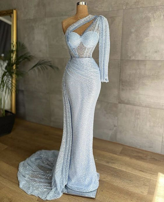 One Shoulder Mermaid Long Prom Dresses, Mermaid Long Formal Evening Dresses C1306