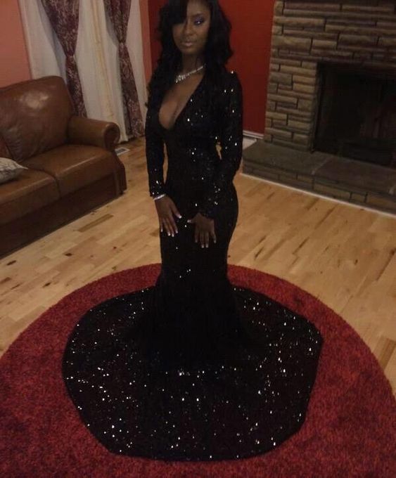 Black Long Sleeves Sequins Prom Dress, Mermaid Prom Dresses with Train C176